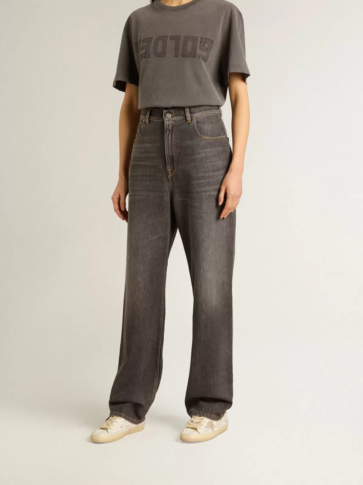 Cheap Golden Goose Jeans nero da donna con tasca stampata