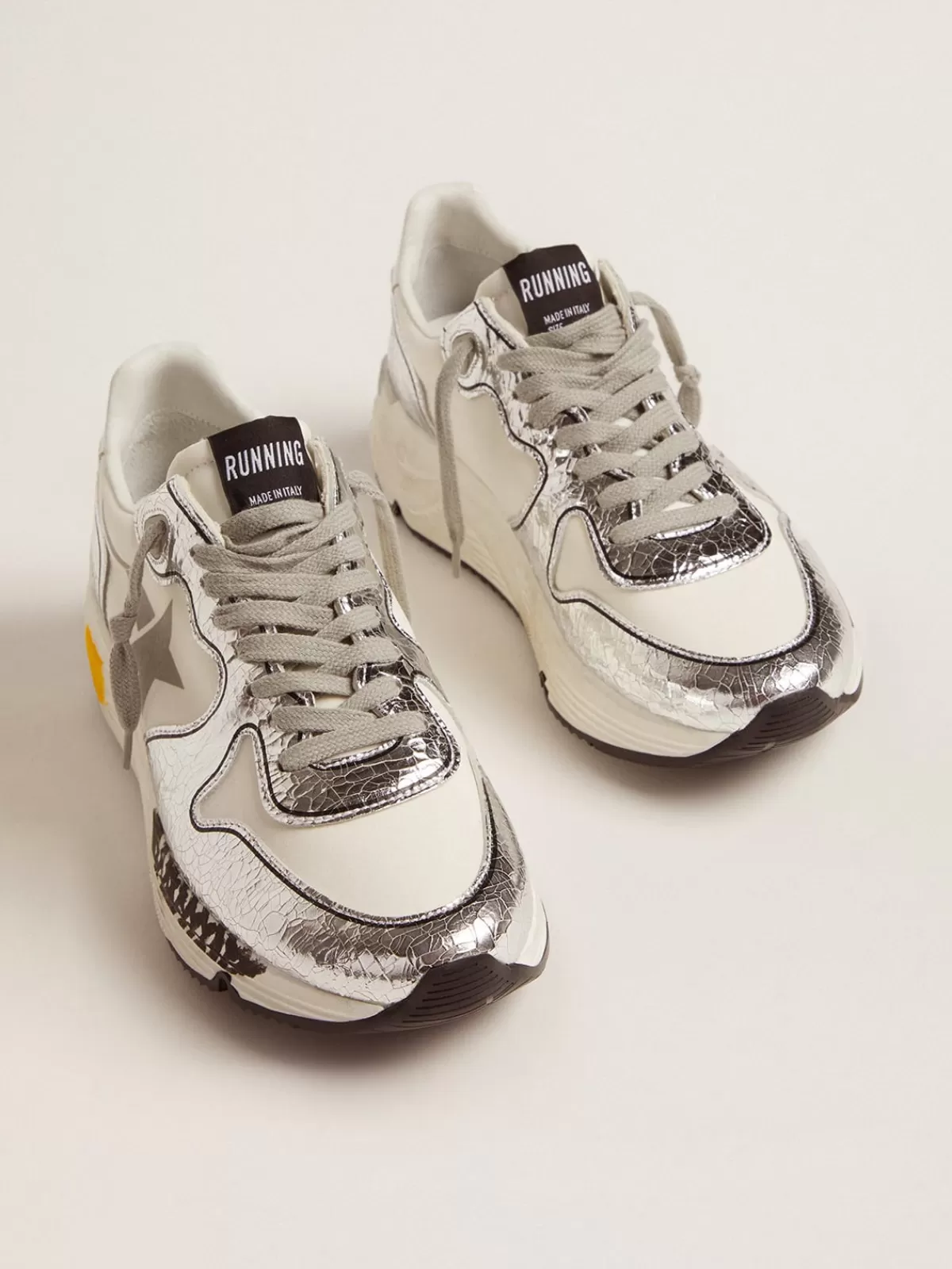 Discount Golden Goose Running Sole Donna argentate e bianche