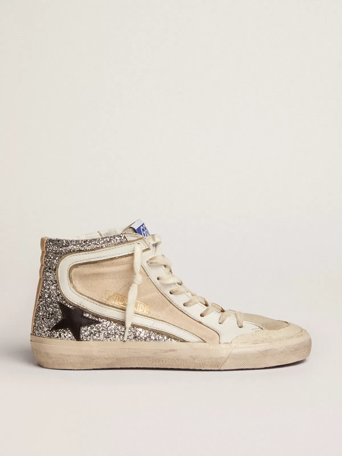 Best Golden Goose Slide Penstar Donna in canvas crema e glitter argento