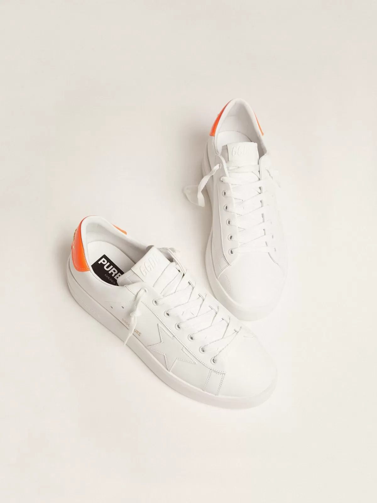 Hot Golden Goose Sneaker Purestar bianche con talloncino arancio fluo