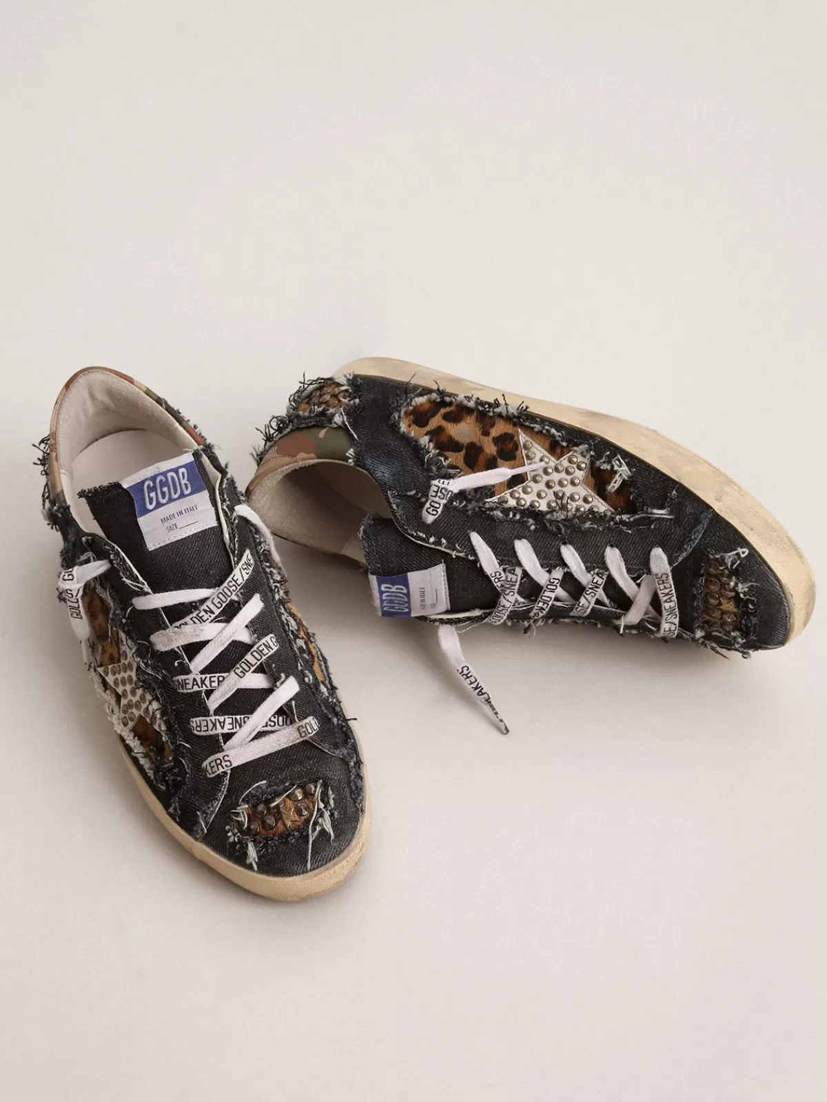 Outlet Golden Goose Sneaker Super-Star donna LAB in denim e cavallino leopardato