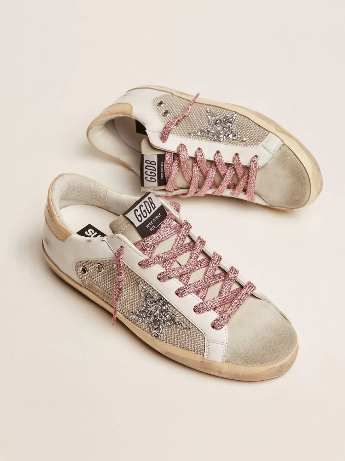 Best Sale Golden Goose Sneaker Super-Star in pelle bianca e rete argento