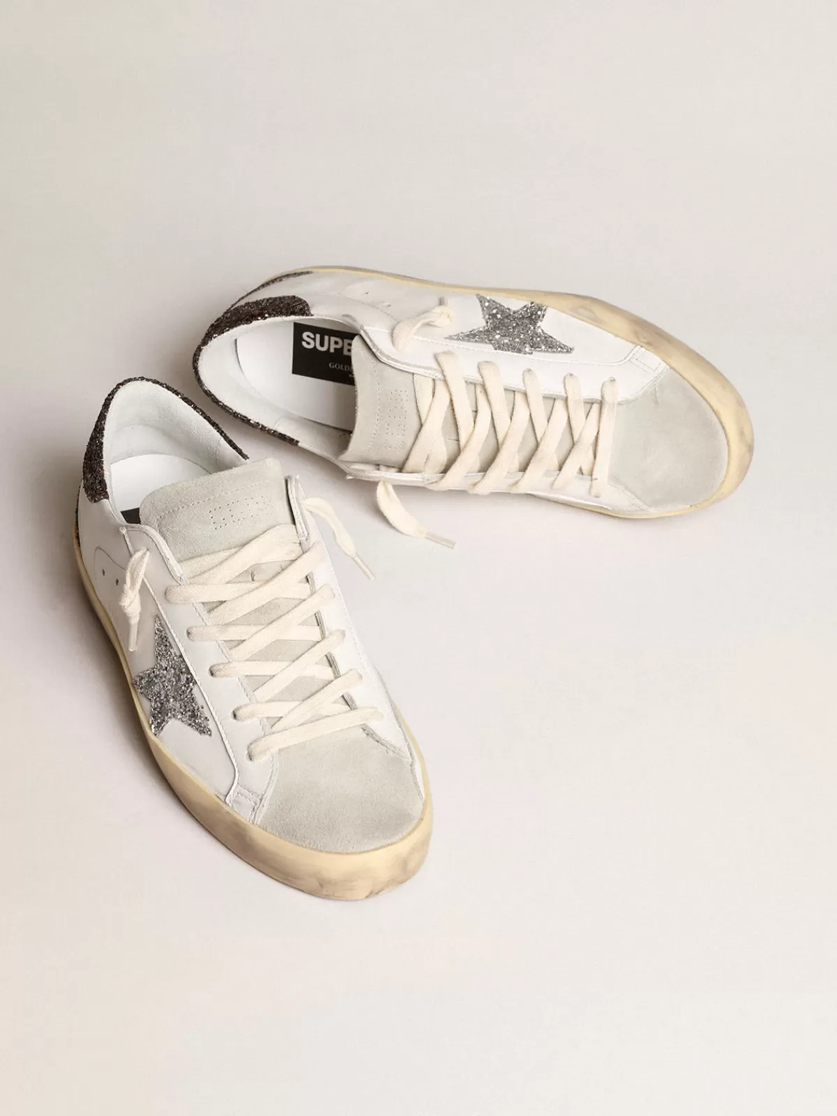 Best Golden Goose Super-Star con stella argento e talloncino in glitter marroni