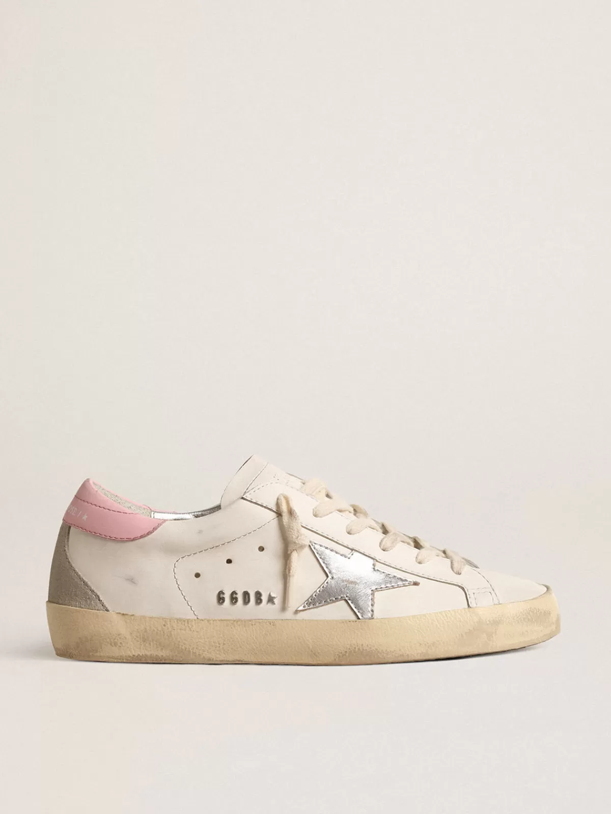 New Golden Goose Super-Star con stella in pelle argento e talloncino rosa