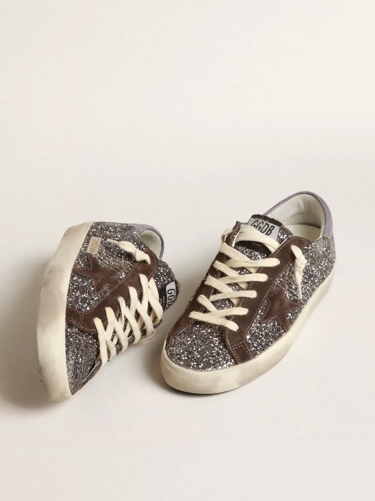 Flash Sale Golden Goose Super-Star in glitter con stella marrone e talloncino lilla