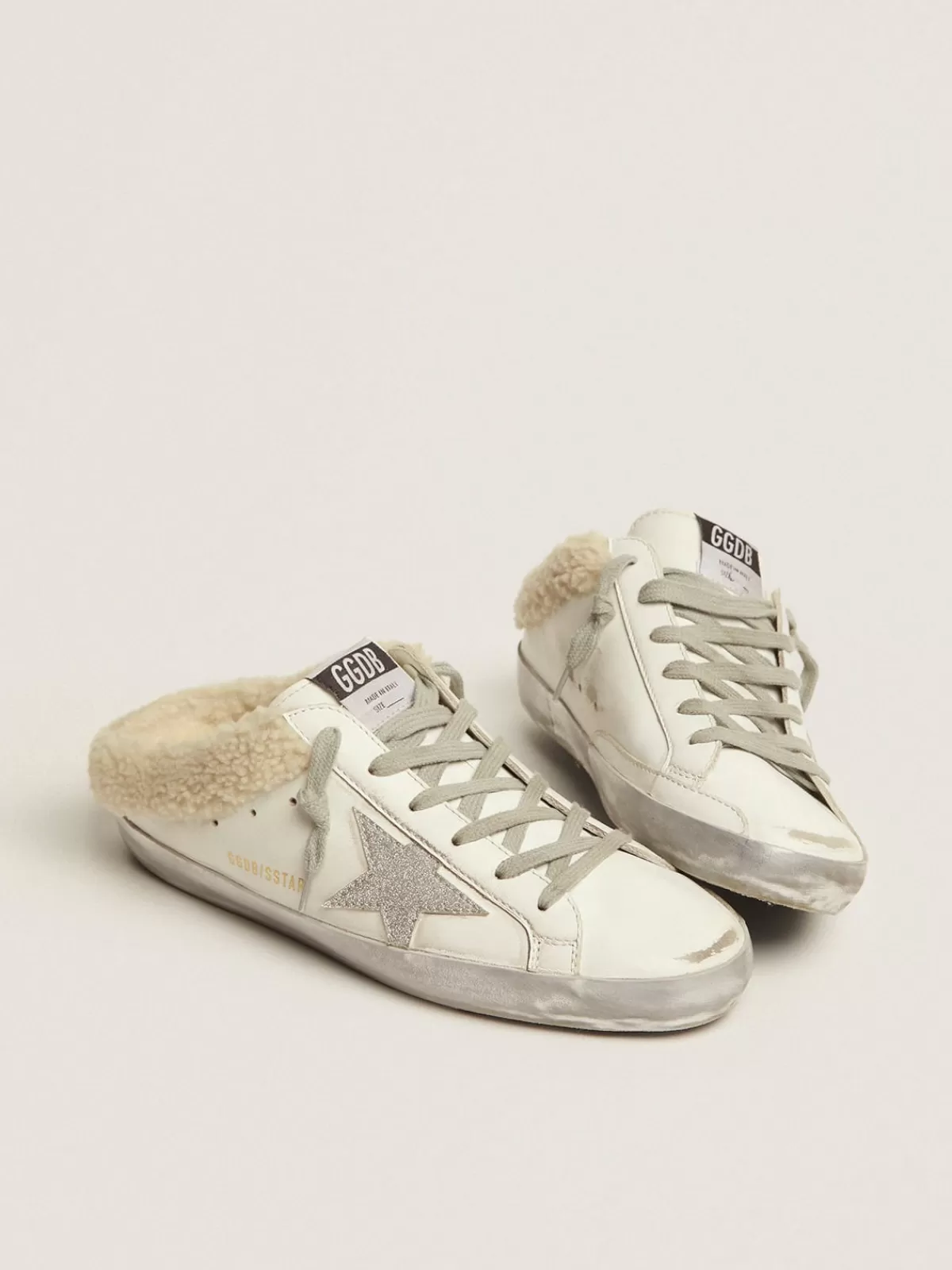 Best Sale Golden Goose Super-Star Sabot in pelle bianca e fodera in shearling