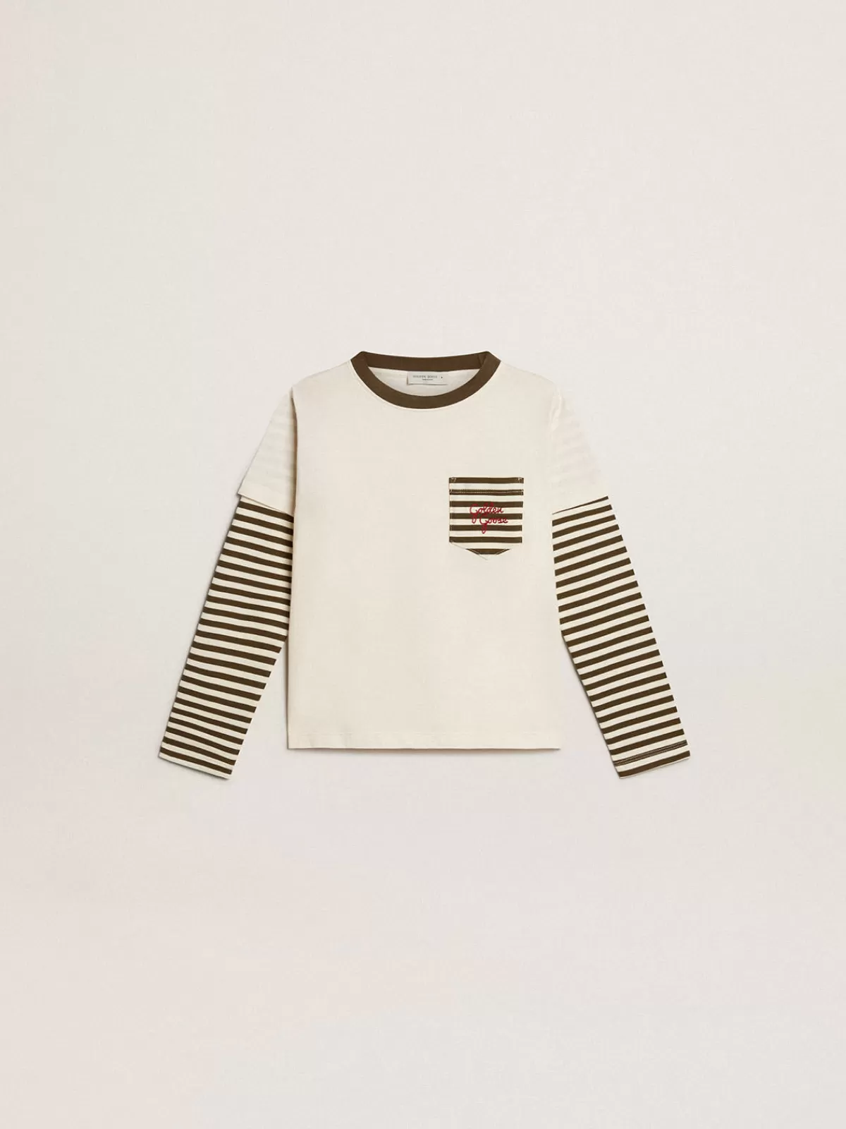 Shop Golden Goose T-shirt doppia manica da bambino in cotone a righe