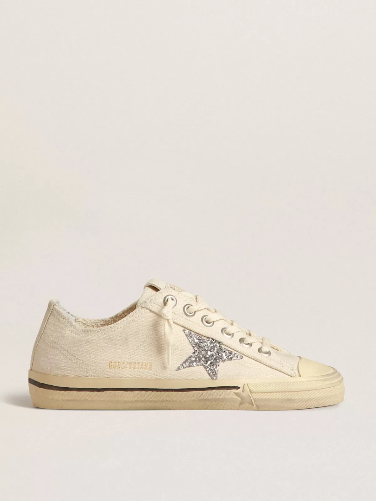 Best Golden Goose V-Star in canvas beige con stella in glitter argento